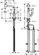 Baujahrtechnische Zeichnung eines Spültischmischers von Hansgrohe mit Ausziehauslauf und verschiedenen Dimensionen zum Einbau.